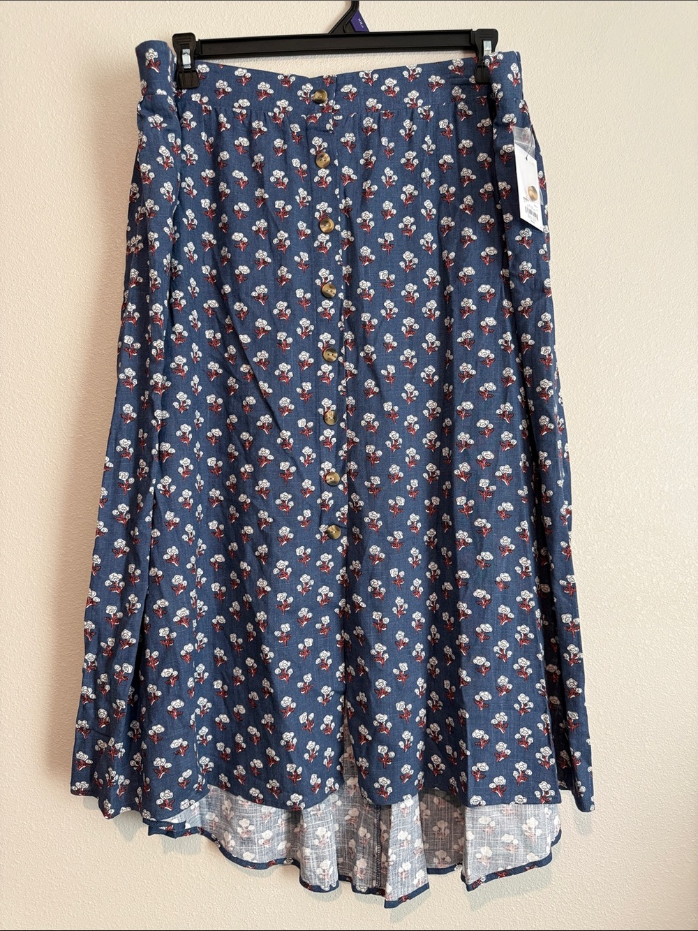 Sonoma Blue Floral Button-Front Midi Skirt